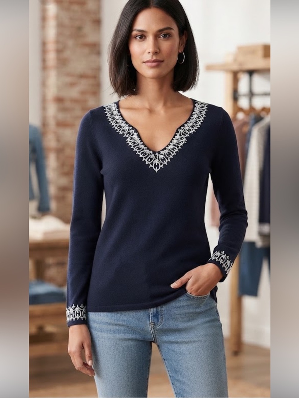 NWOT Vintage Ann Taylor Loft navy blue hand beaded v neck top